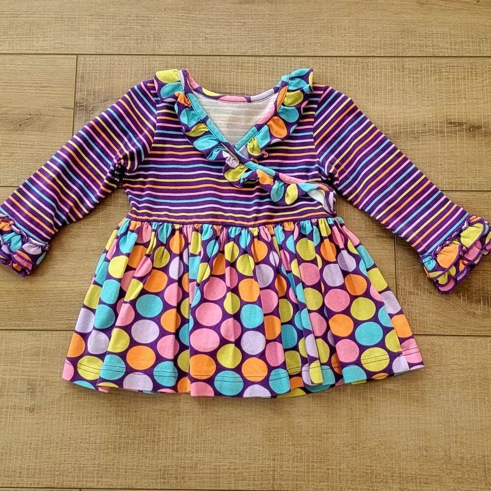 Kelly's Kids Girls Striped Polka Dot Ruffle Tunic Dress Purple Multi Size 3/4
